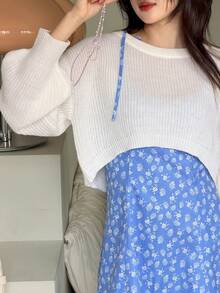 DAZY 女士纯色圆领落肩长袖短款毛衣 - 白色 - 查看 4