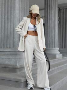 Aveloria Modichic 2pcs Women's Mid-Length Waist Fitted Blazer And Flare Leg Pants Suit  Fall Cloth For Women - Beige - View 1