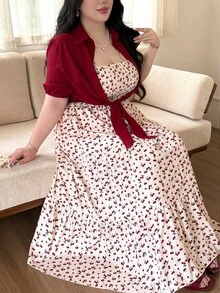 Vibekara Set de 2 piezas, vestido largo casual con tirantes finos talla grande + camisa con estampado de fresas anudada - Multicolor 3 - Ver 5