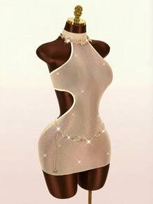 Amplova Women's One-Piece Swimsuit Cover Up, Halter Backless Mini Tight Sheer Sexy Avant-Garde For Swimwear Y2K Summer Festival Club Nightout Party Silver - Gold - View 5