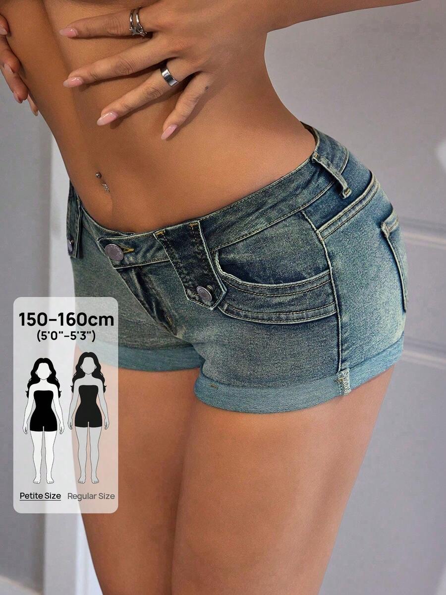 SHEIN PETITE 女款小碼夏季多功能低腰修身捲邊牛仔短褲 - 深色水洗藍 - 查看 1