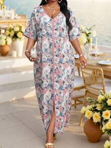 Fleurora 大码V领长袖纯色拼接宽松休闲连衣裙长袍万圣节服装 - 彩色 - 查看 1