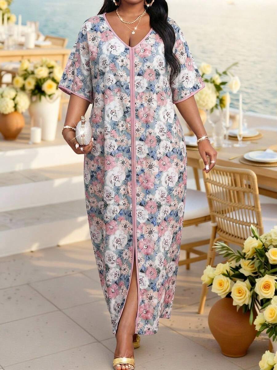 Fleurora 大码V领长袖纯色拼接宽松休闲连衣裙长袍万圣节服装 - 彩色 - 查看 1