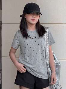 Dazy Kids 青少年女孩波點短袖T恤，秋季衣物夏季 - 灰色 - 查看 4