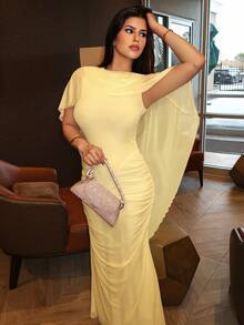 Modelyn Women's Solid Color Pleated Round Neck Elegant Dress - Light Yellow - View 6