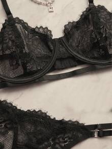 SHEIN Ensemble de lingerie transparente à dentelle rétro française, poursuivant une esthétique raffinée et l'indulgence de soi pour les femmes urbaines - Noir - Voir 4