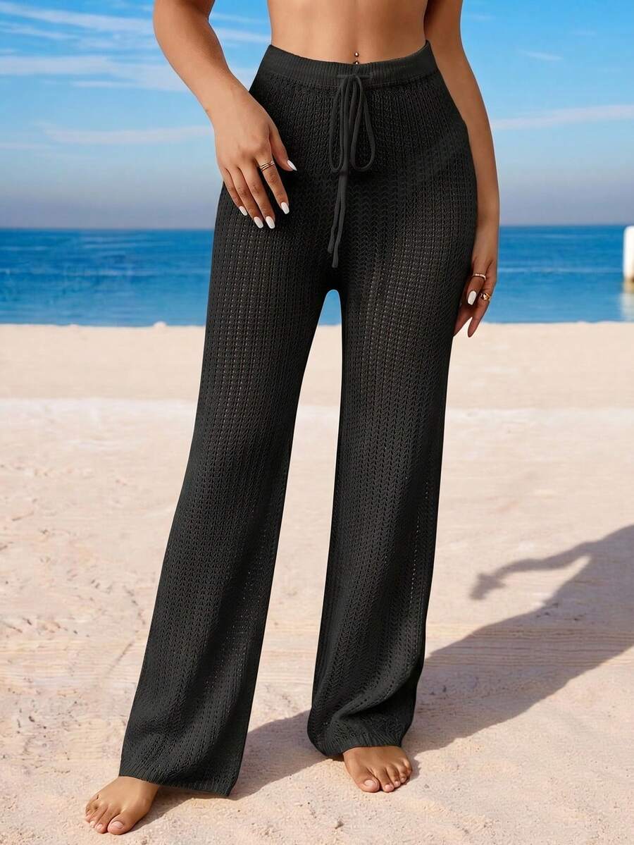 Swim Vcay Women's Solid Color Drawstring Tie Design Cover-Up & Pants Set - Black - View 1