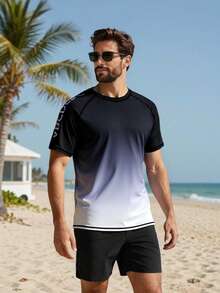 ZELFYO Men's Holiday Letter Striped Ombre Rash Guard, Round Neck Short Sleeve Swimwear - Light Grey - View 4