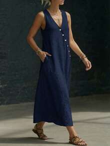 Weeklong Plus Size Women's Deep V-Neck Slanted Button Decor A-Line Casual Vacation Dress, Spring/Summer - Navy Blue - View 4