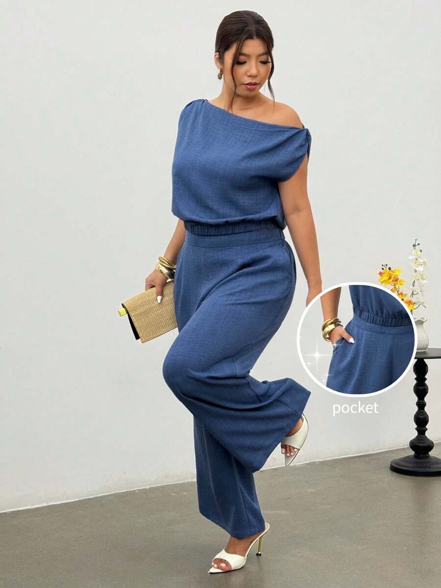 Firerie Plus Size Women's Open Shoulder Sleeveless Blouse & Elastic Waist Wide Leg Pants Set, Dark Blue, Sommar, Casual, Everyday Two Pieces Set For Party, Commute - Blue - View 1