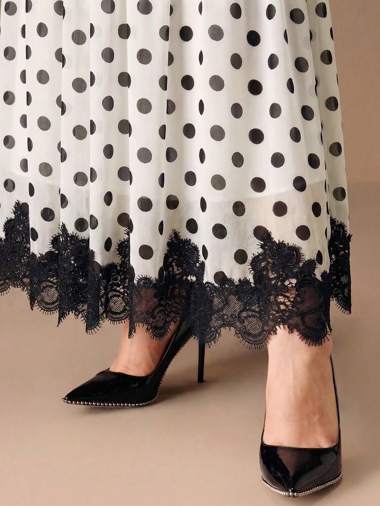 Women's Black White Polka Dot Summer 70s 80's Party Vintage Sweet Elastic Waist Tiered Skirt,Lace Trim,Flattering Fit For Commute & Date Standard Size