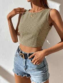 SHEIN Frenchy Backless Plaid Print Tie-Front Sleeveless Casual Shirt For Summer - Coffee Brown - View 2