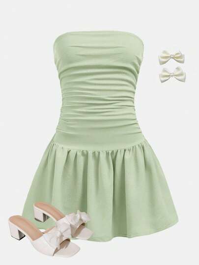SHEIN Girlism Tween Girl Casual Minimalist Comfortable Pleated Design Sleeveless Puff Dress