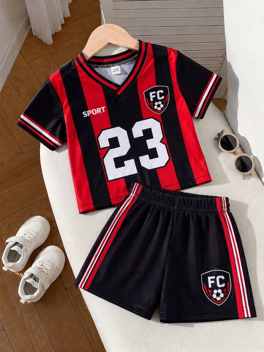 SHEIN 2pcs Baby Boy Summer Casual Sports Set Black Gym Streetwear 23 Number Print V-Neck Short Sleeve T-Shirt And Shorts Infant Toddler Jersey Clothes 6M-3T