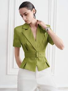 Aveloria Modichic Áo blazer ngắn tay sọc xanh ô liu cho nữ, dáng ôm eo định hình, phong cách tối giản đô thị sang trọng, đa năng cho đi làm & đi chơi - màu xanh lá - Xem 7