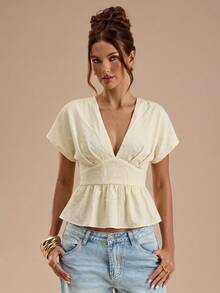 SHEIN BAE Women's Casual Elegant European Sexy Tropical Solid Color Waist Cinched Short Sleeve Top, Summer Vacation Beige - Apricot - View 7