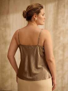 MOTF PREMIUM PLUS SIZE WOMEN'S SPRING/SUMMER SATIN CONTRAST LACE EMBROIDERED CAMISOLE TOP - Brown - View 7