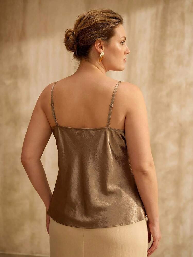 PLUS SIZE WOMEN'S SPRING/SUMMER SATIN CONTRAST LACE EMBROIDERED CAMISOLE TOP