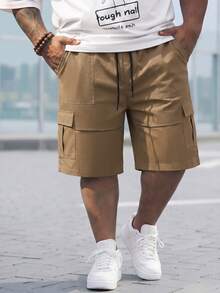 Manfinity Homme Plus Size Men's Solid Color Drawstring Waist Loose Casual Capri Pants, Spring/Summer - Khaki - View 3