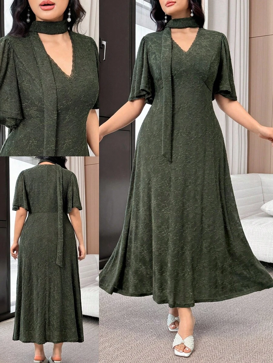 Feyla Plus Size Women's Elegant V-Neck Long Dress - Army Green - View 1