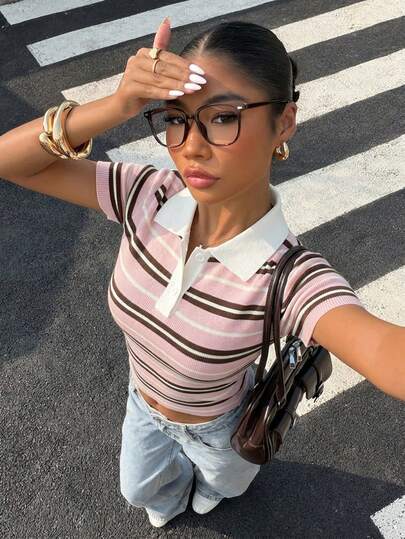 Muchica Women's Knitted Pique Niche College Style Brand, Trending Bear Brand Series, Super Cute Polo Collar Short Sleeve, Suitable For Spring & Summer