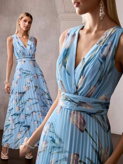 MOTF Soiréza ELEGANTES BLAUES ÄRMELOSES MAXIKLEID MIT TIEFEM V-AUSSCHNITT FÜR DAMEN, ZUFÄLLIGES FLORALES PLISSIERTES KLEID MIT LILA/WEISSEN BLUMEN & GRÜNEM LAUB, FÜR FRÜHLINGSHOCHZEITEN, GARTENFESTE, VALENTINSTAG