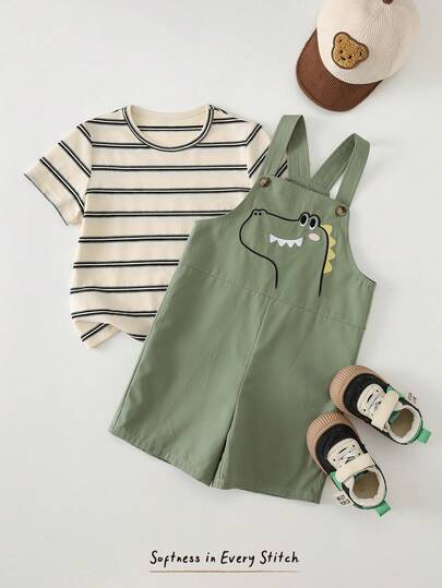 Cozy Pixies Bộ 2 món cho bé trai, gồm áo thun cổ tròn tay ngắn và quần yếm dệt kim mềm mại, họa tiết kẻ sọc, kiểu dáng thường ngày, thoải mái.