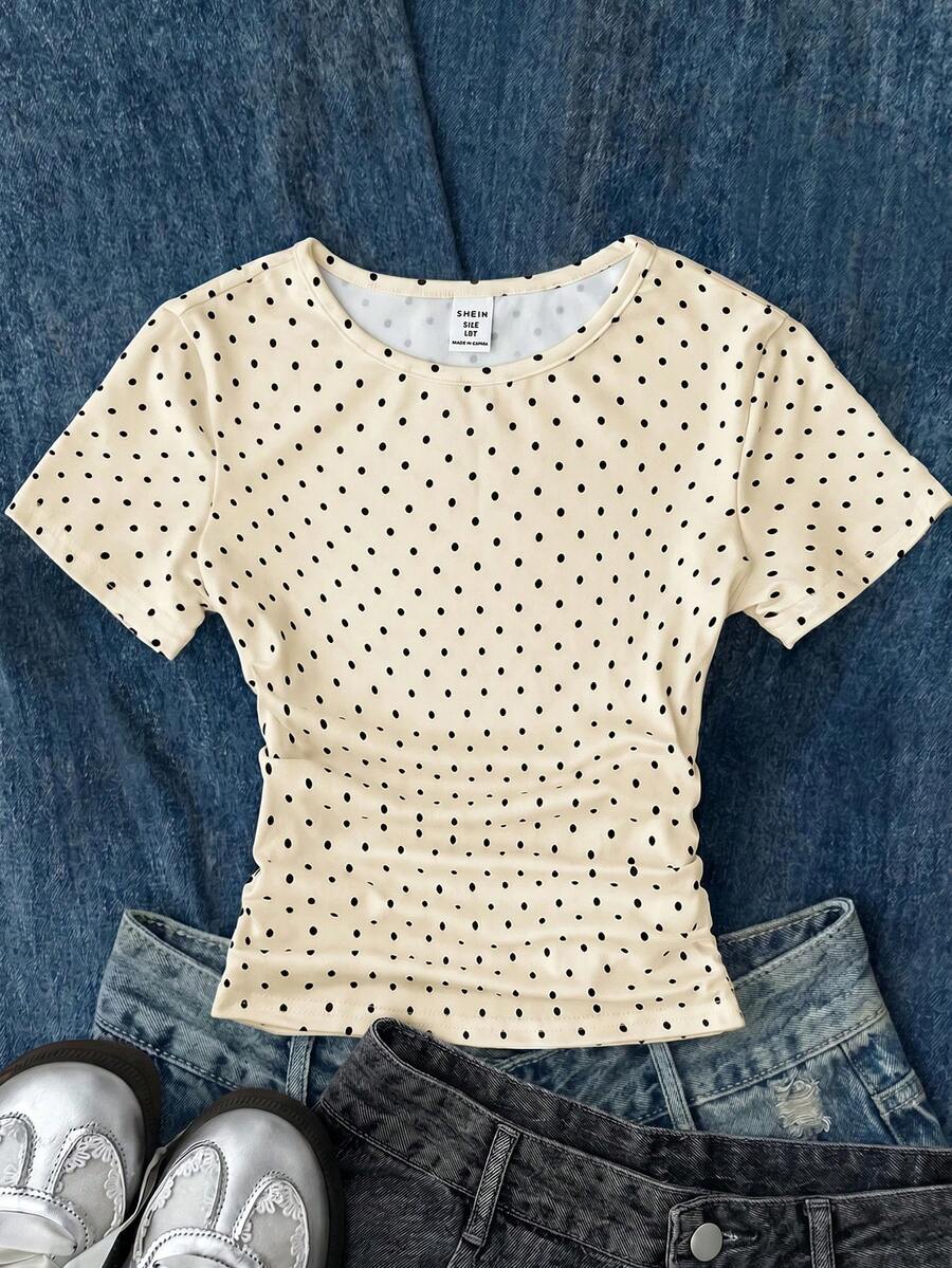 SHEIN Tween Girls' Brown Knit Casual Minimalist Polka Dot Print Ruched Waist Cropped Top, Suitable For Spring/Summer, Casual, Stylish Outfit - Apricot - View 1