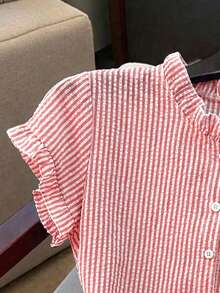 Franclia Women's Short Sleeve Ruffle Collar Front Button Striped Shirt - Hot Pink - View 3
