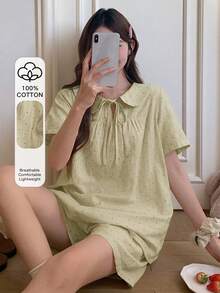 DAZY 女款可愛波點印花領結領娃娃裝睡衣套裝 夏季 - 綠色 - 查看 3