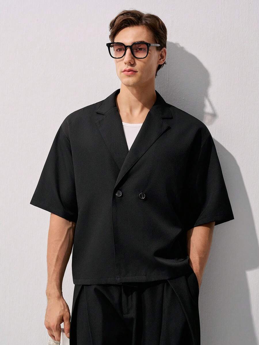 RONVEXI 男士纯色简约休闲短袖衬衫 - 黑色 - 查看 1