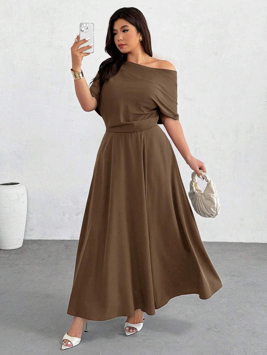 Firerie Vestido elegante de unicolor y cuello asimétrico, talla grande, para verano