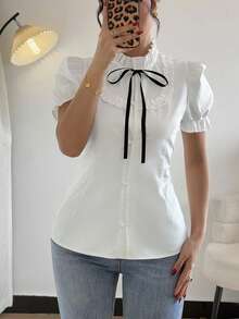 Rafferiza Ruffle Elastic Cuff Bowknot Blouse - White - View 5
