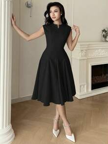 Feyla Women's Solid Color Notched Neck Elegant Short Dress, Spring/Summer Office Black - Black - View 4