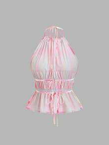 Sweetra Women's Backless Plaid Retro Cute Halter Top, Summer Vacation Hot Pink - Pink - View 2