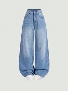 SHEIN ICON 女士蓝色宽松牛仔裤 - 淺色水洗藍 - 查看 4