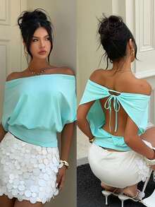 Aloruh Women's Solid Color Backless Off-Shoulder Tie Strap T-Shirt, Suitable For Vacation, Party, Date, Music Festival, Y2K, Spring/Summer,Summer Top - Teal Blue - View 9