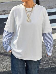 Muchica 女款休閒度假時尚日常通勤條紋拼接二合一T恤，春/秋季 - 彩色 - 查看 4
