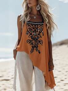 SHEIN Contrast Color Trim Sleeveless Ruffled Hem Summer Dress For Middle-Aged & Elderly Women - Orange - View 3