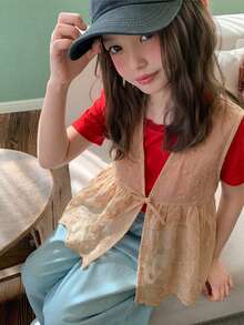 Dazy Kids 少女刺繡蝴蝶結裝飾透視時尚襯衫 夏季 - 卡其色 - 查看 4
