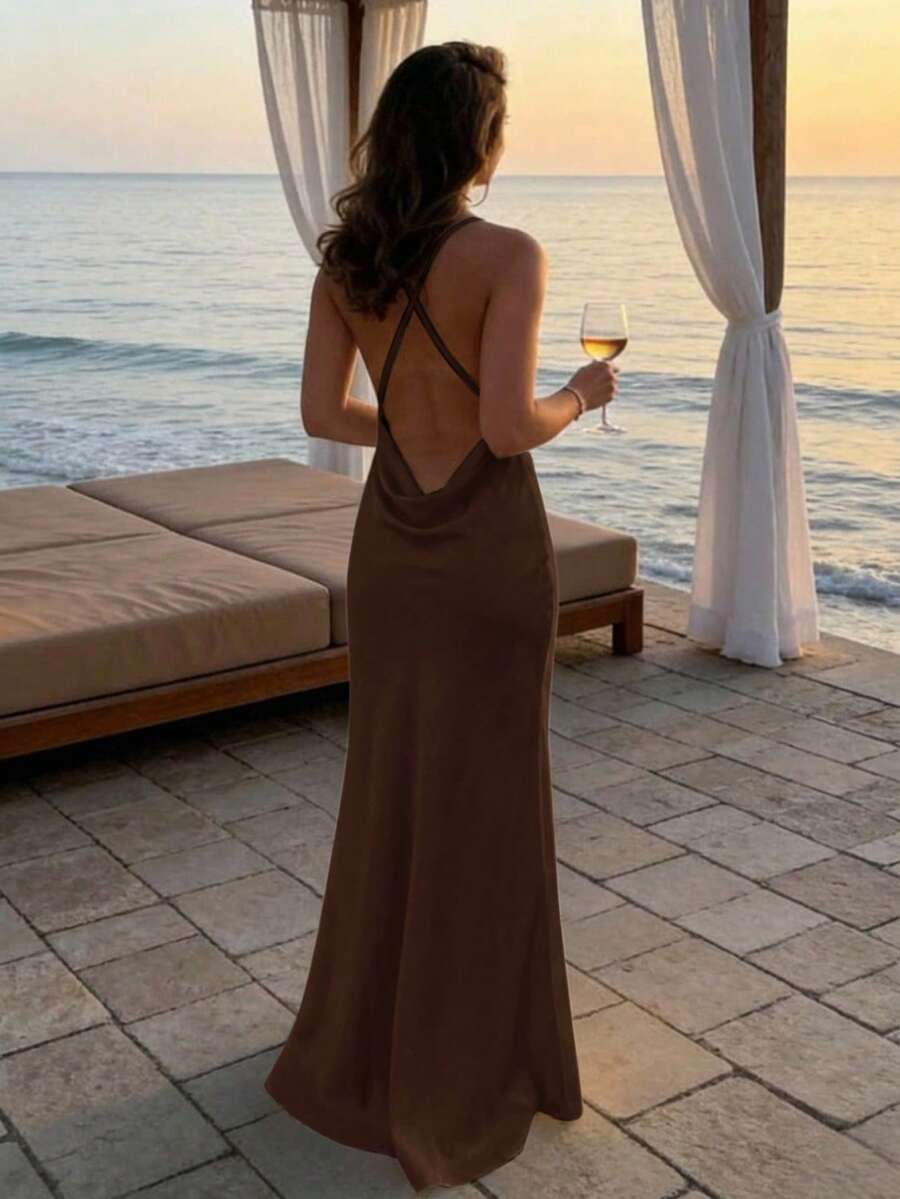 Aloruh Đầm nữ gợi cảm, tối giản, màu trơn, kiểu dáng hở lưng, thắt dây chéo, thích hợp cho kỳ nghỉ hè. - Cà phê - Xem 1