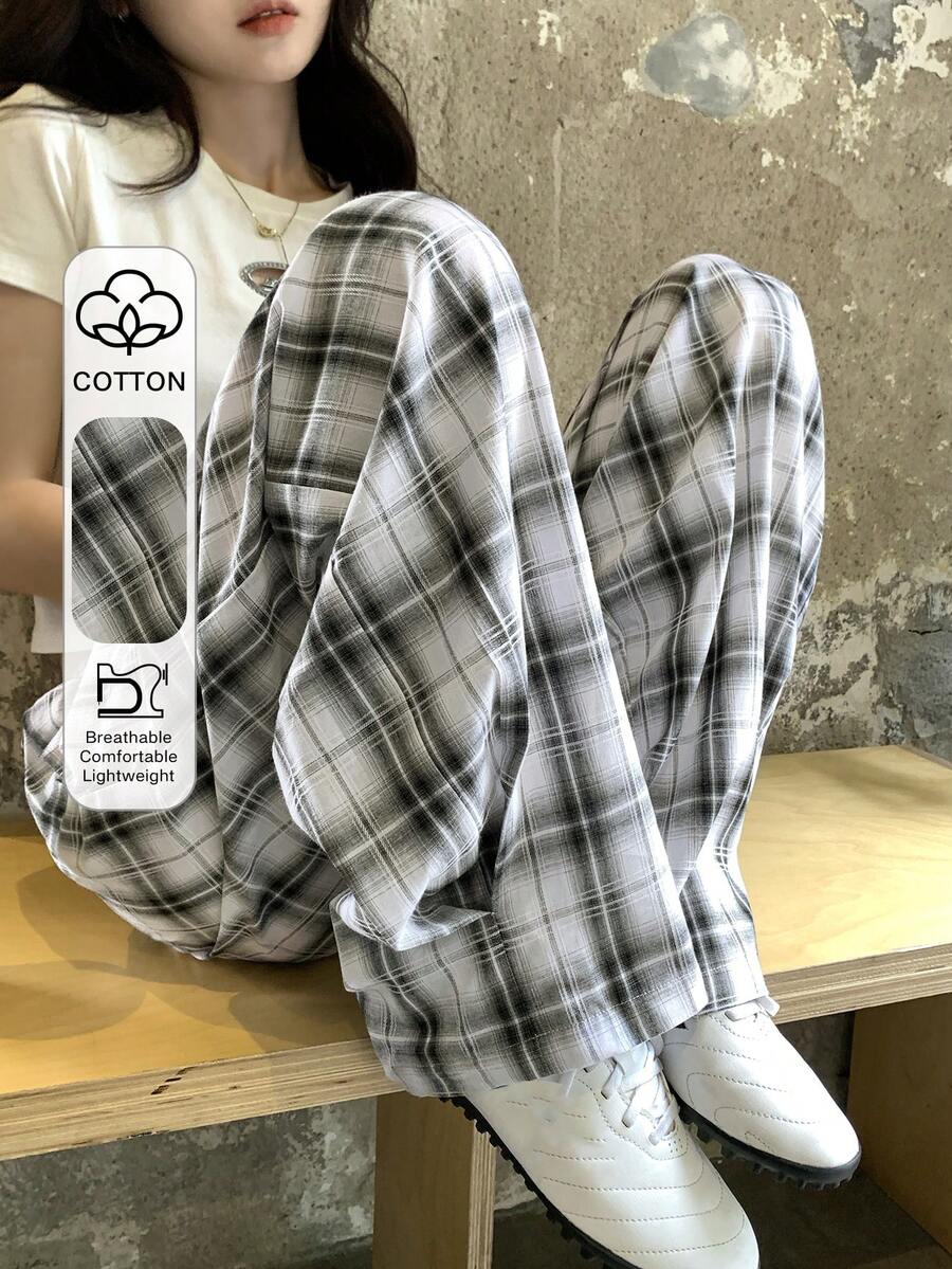 DAZY 女款格紋休閒直筒寬鬆百搭日常長褲 度假款 - 黑與白 - 查看 1