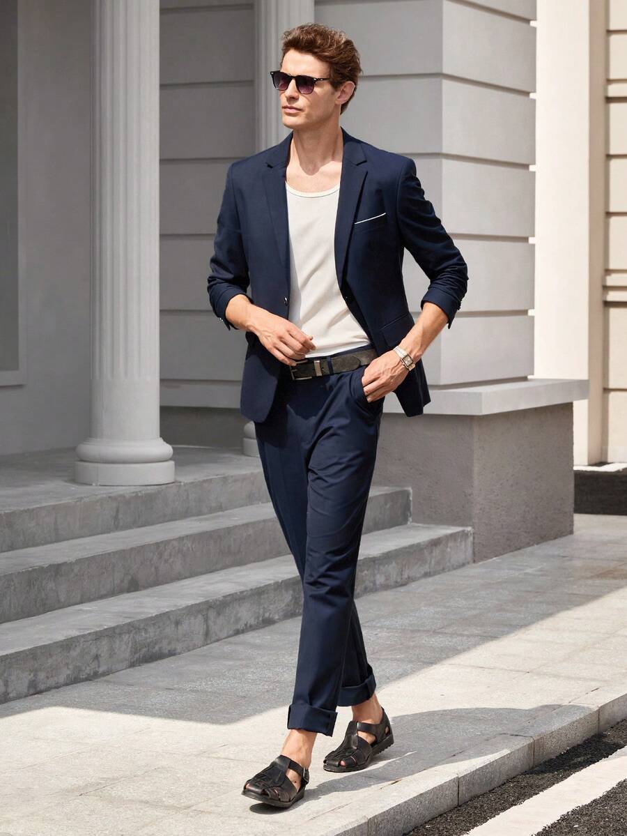 Officeau 2pcs/Set Men's Wedding Suit, Jacket And Pants, Suitable For Wedding, Party, Gathering - Navy Blue - View 1
