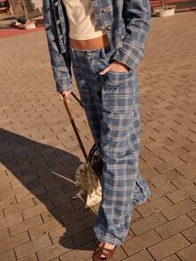 Nöista Blue Plaid Barrel-Leg Trousers With Patch Pockets And Relaxed Shape. Ideal For Travel, Casual Chic Styling And Everyday Fall Winter Outfits. - Blue - View 6