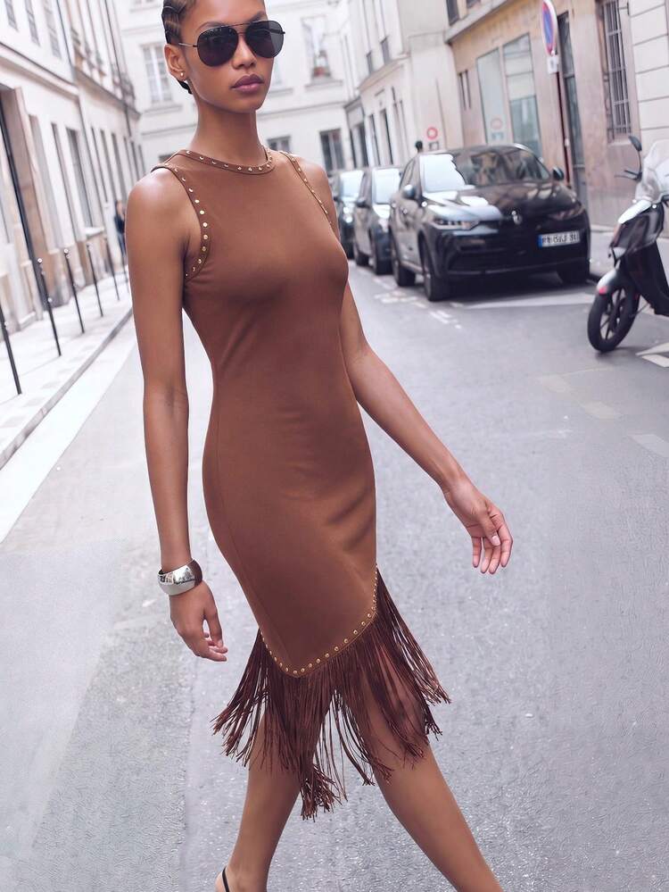 SHEIN Maija Women's Brown Summer Elegant Party Night Sleeveless Midi Dress With Fringe Hem,Modern City Metallic Glitter Festival Cocktail Chic Outfits