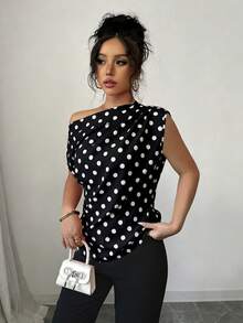 SHEIN Elenzya 波點不對稱肩無袖女式上衣，優雅通勤襯衫 - 黑與白 - 查看 4