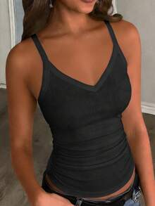 Slaydiva Tank Top Kasual Musim Panas Wanita Warna Hitam, Rompi Dasar Serbaguna dengan Kerah V Bergaris dan Bagian Belakang Model Racerback untuk Yoga, Olahraga, Pantai, Pesta, dan Pakaian Liburan - Hitam - View 3