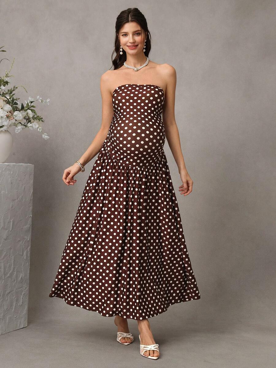 Momance Đầm bầu quây dáng chữ A họa tiết chấm bi - Màu nâu Mocha - Xem 1