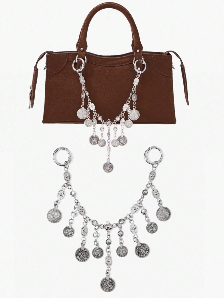 Viva Strut 1pc Vintage Coin Tassel Metal Bag Chain, Bohemian Style Accessory For Beach, Vacation, Holiday, Summer, Seaside, Beach Party - Silver - View 1