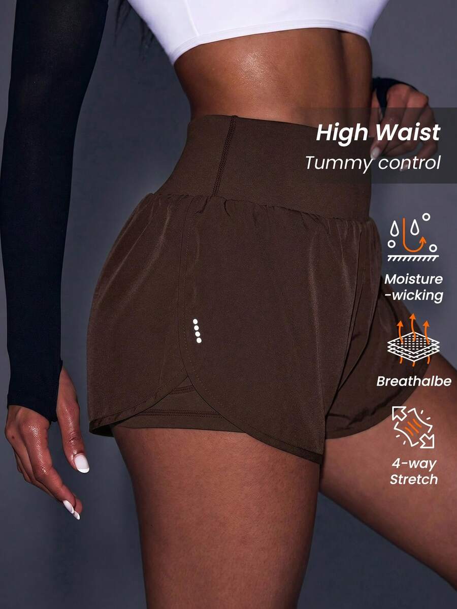 Powerista Solid Color High Waist Double Layer Sports Shorts Women's Elastic Waist Double-Layer Casual Fitness Shorts Women's Elastic Waist Zipper Pocket Daily Fitness Double-Layer Sports Shorts Elastic Waist Sports Shorts With Phone Pocket Flowy Shorts Women Sweat Short, Gym Short, Biker Short For Daily Wear Yoga Yoga Studio Gym Indoor Outdoor Active - Brown - View 1
